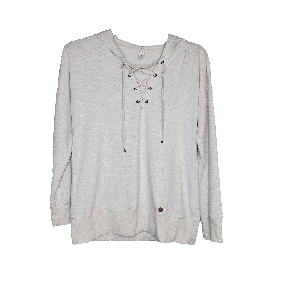 Ideology Womens Light Gray Heathered Long Sleeve Lace Up Hoodie Kangaroo SZ M
